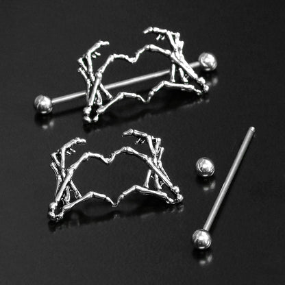 1 1/2 Skeleton Hand Heart Nipple Barbell Shield Set