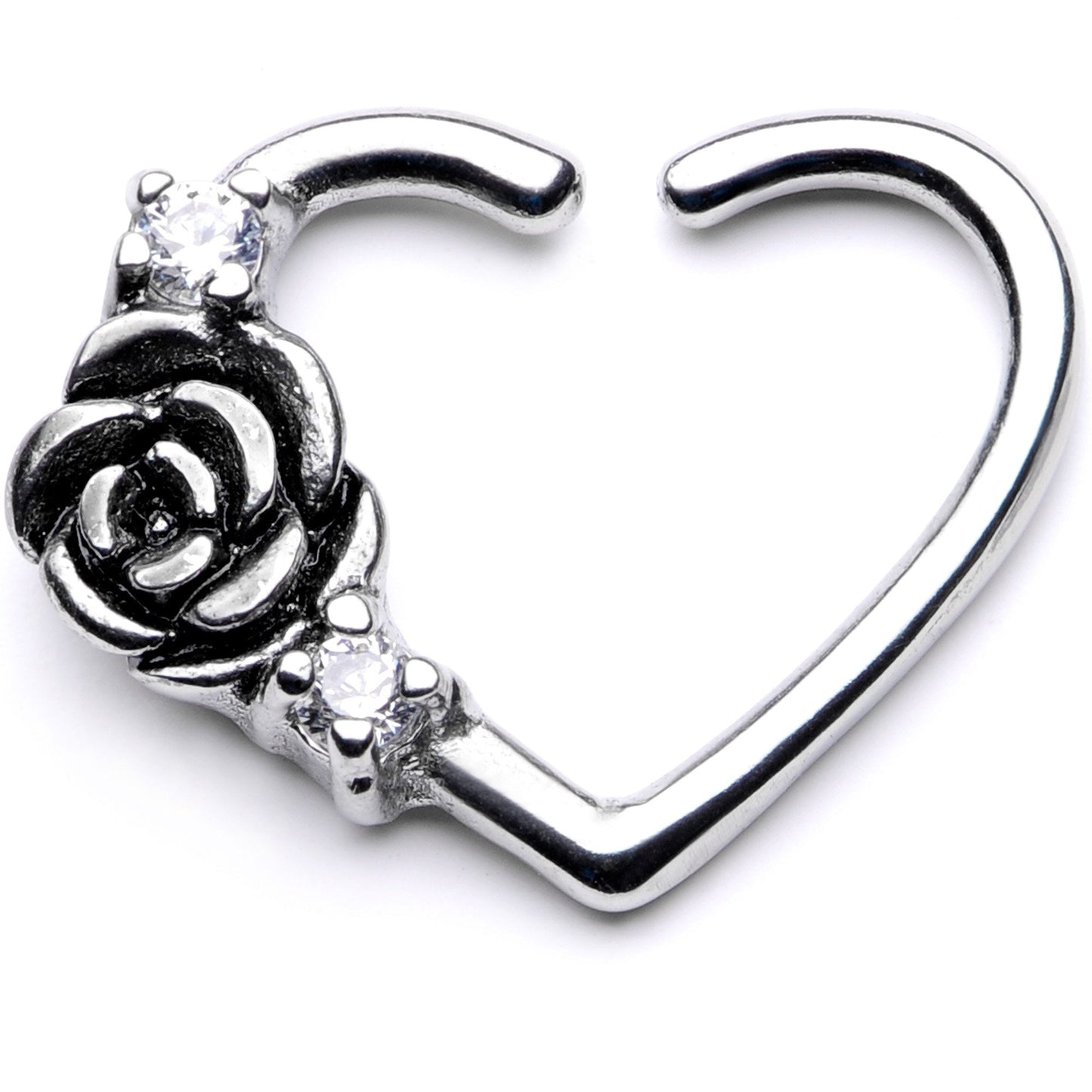 16G 3/8 Clear CZ Gem Unfurling Rose Flower Right Heart Closure Ring