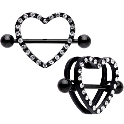 14G 5/8 Clear Gem Black Valentine Heart Nipple Ring Set