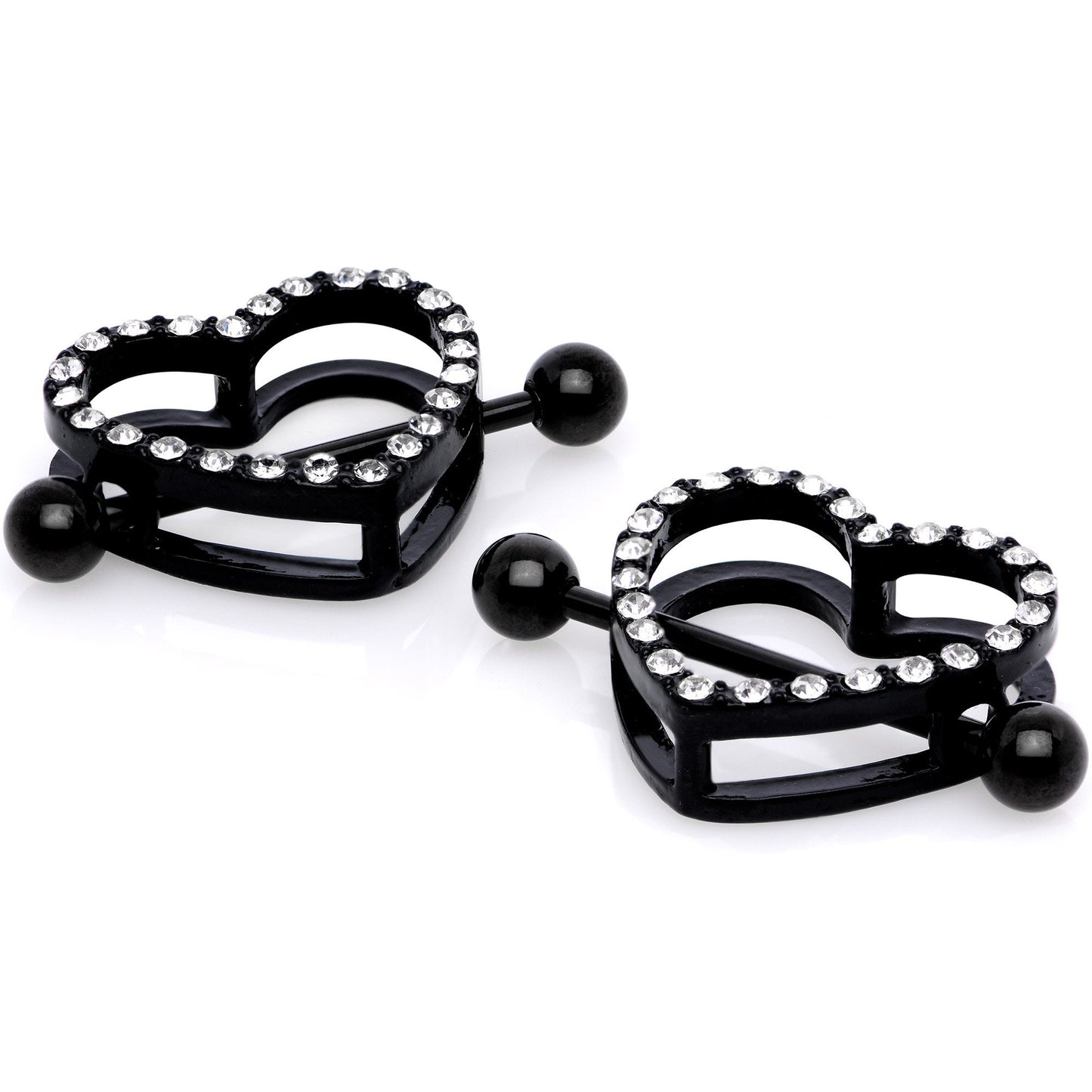 14G 5/8 Clear Gem Black Valentine Heart Nipple Ring Set