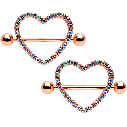 14G 5/8 Aurora Gem Rose Gold Tone Valentine Heart Nipple Ring Set