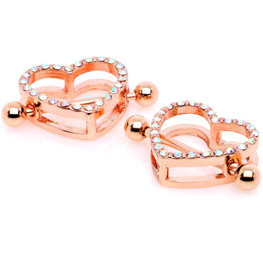 14G 5/8 Aurora Gem Rose Gold Tone Valentine Heart Nipple Ring Set