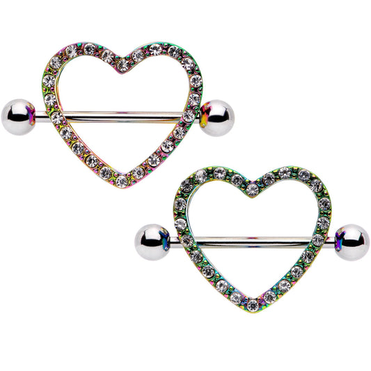 14G 5/8 Clear Gem Rainbow Valentine Heart Nipple Ring Set