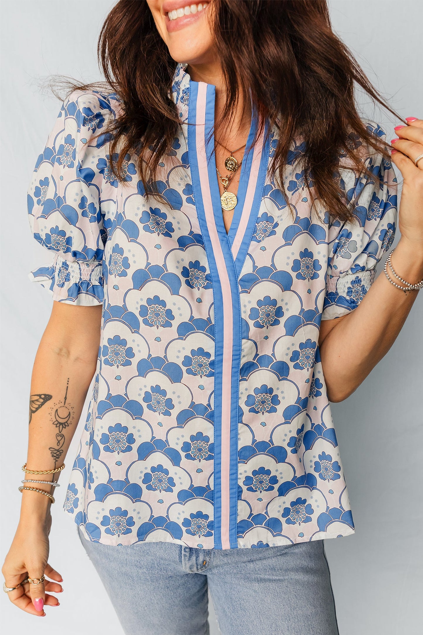 V-Neck Floral Flounced Short Sleeve Blouse
