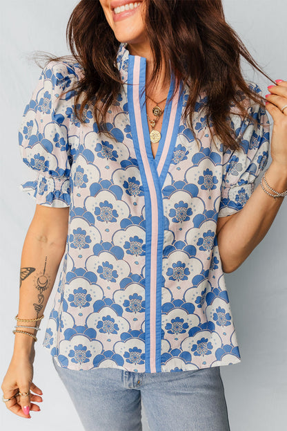 V-Neck Floral Flounced Short Sleeve Blouse