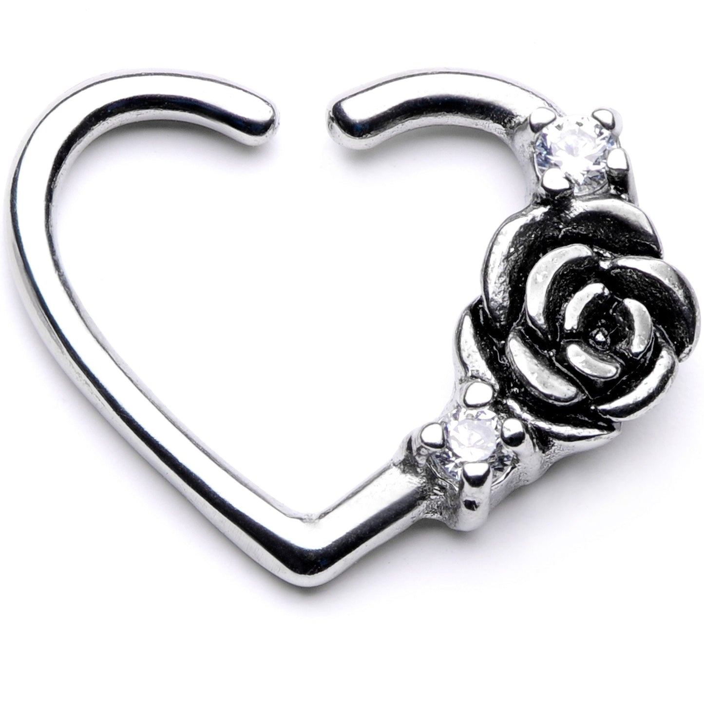 16G 3/8 Clear CZ Gem Rose Flower Left Heart Closure Ring