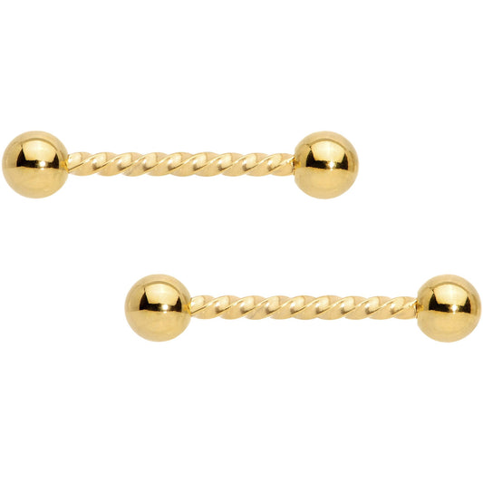 14G 5/8 Gold Tone Twisted Barbell Nipple Ring Set