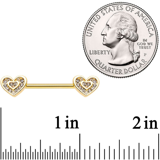 9/16 Clear Gem Gold Tone Plated Heart Barbell Nipple Ring Set