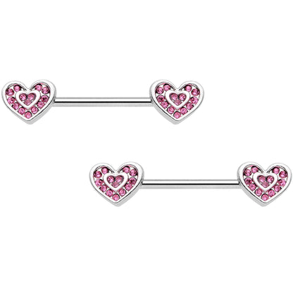 14G 9/16 Pink Gem Passionate Heart Barbell Nipple Ring Set