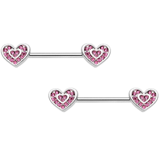 14G 9/16 Pink Gem Passionate Heart Barbell Nipple Ring Set