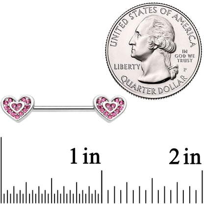 14G 9/16 Pink Gem Passionate Heart Barbell Nipple Ring Set