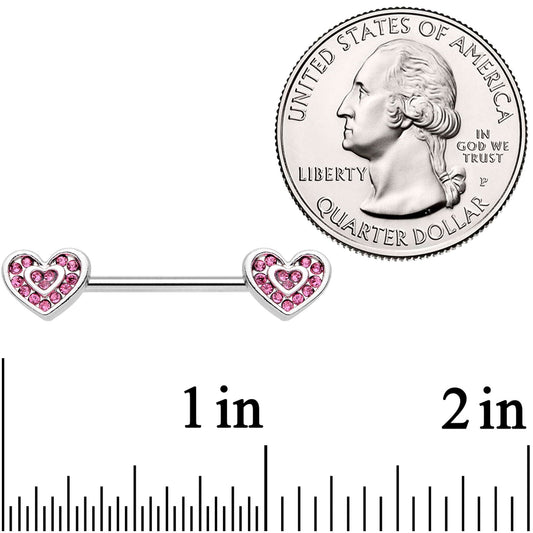 14G 9/16 Pink Gem Passionate Heart Barbell Nipple Ring Set