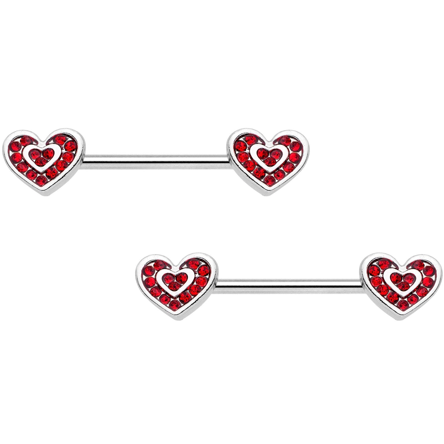 14G 5/8 Red Gem Wrapped Hearts Barbell Nipple Ring Set