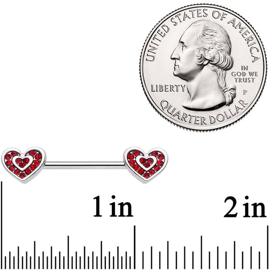 14G 5/8 Red Gem Wrapped Hearts Barbell Nipple Ring Set