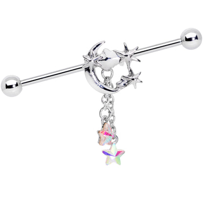 14G Aurora Star Gem Crescent Moon Dangle Industrial Barbell 38mm