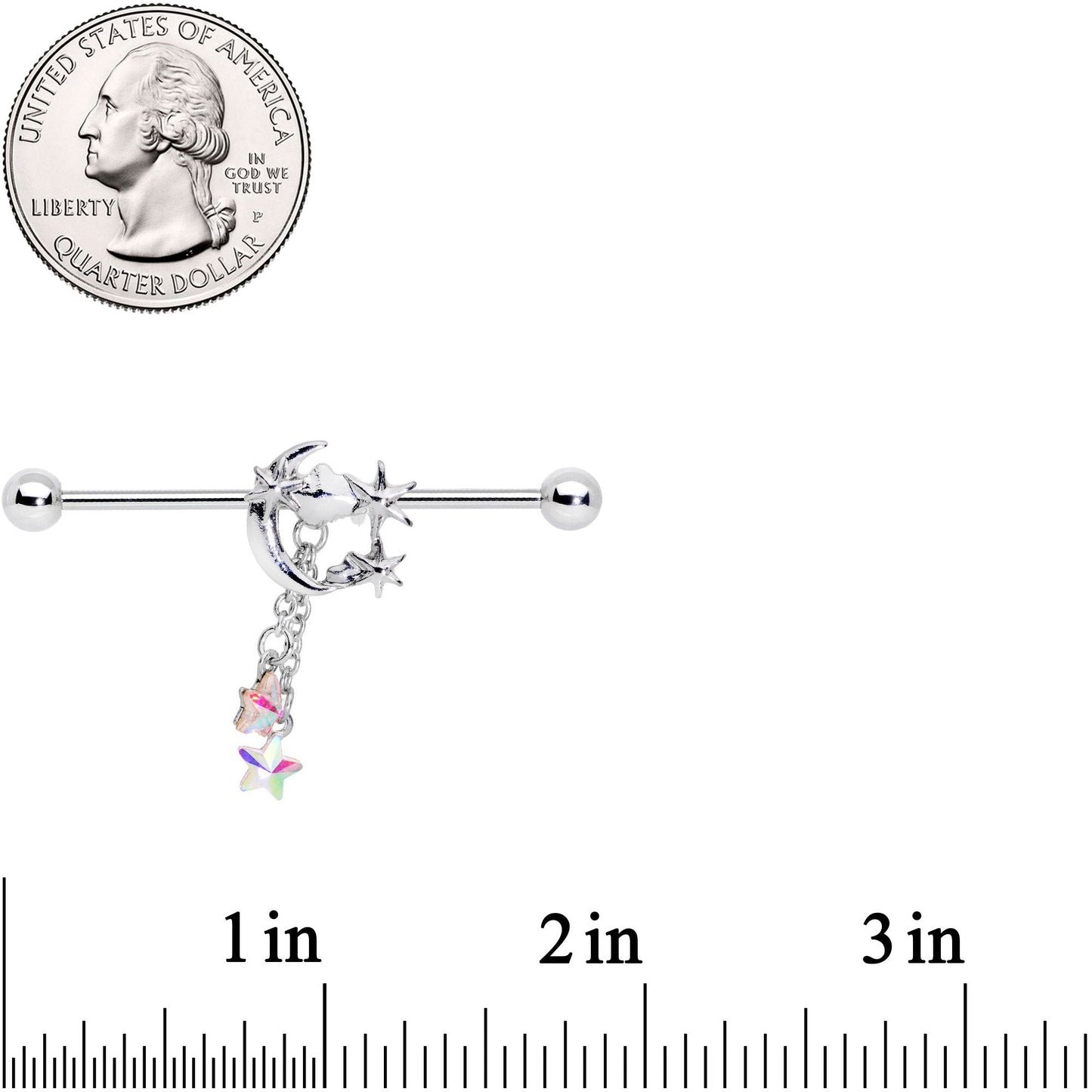 14G Aurora Star Gem Crescent Moon Dangle Industrial Barbell 38mm