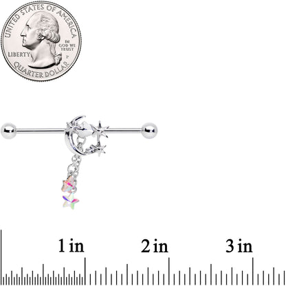 14G Aurora Star Gem Crescent Moon Dangle Industrial Barbell 38mm