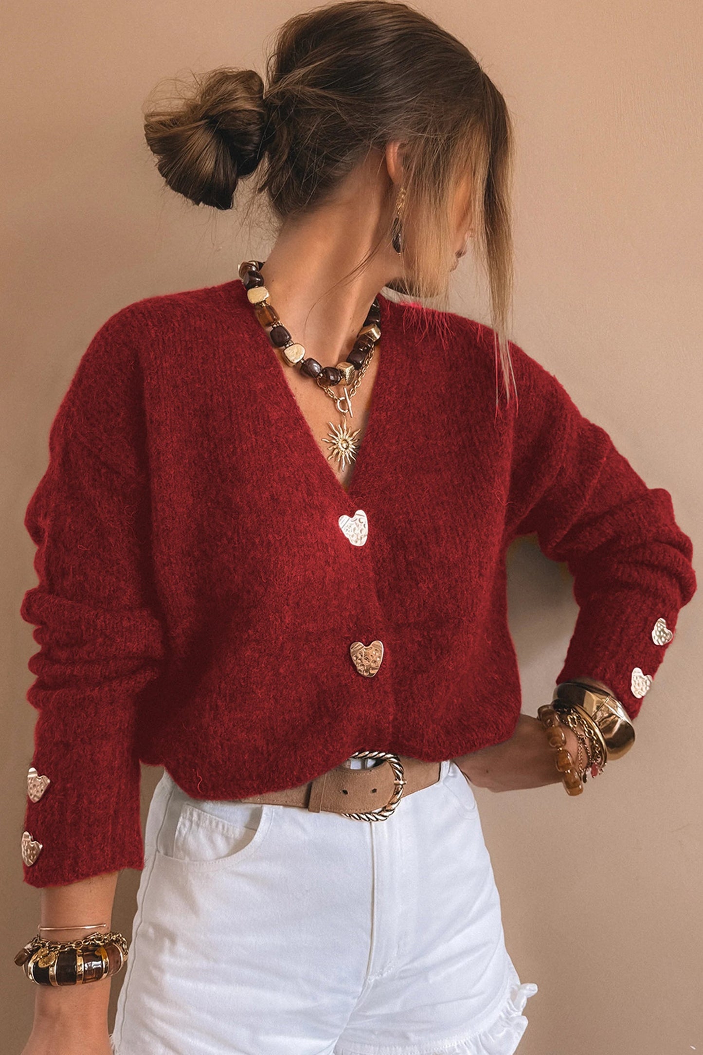 Heart Metal Button V-Neck Knit Cardigan