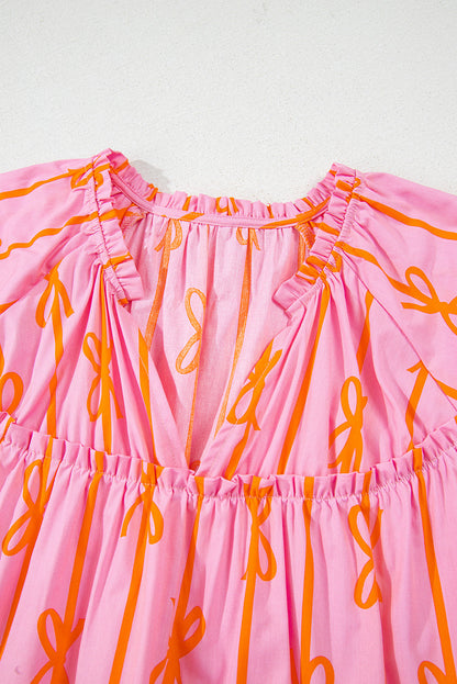 Plus Size Bowknot Shirred V-Neck Blouse