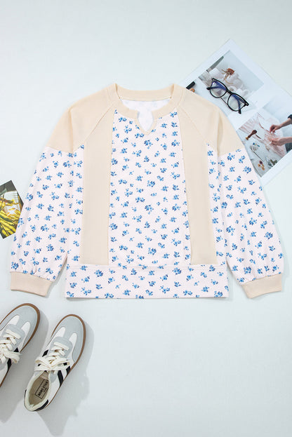 Floral Patchwork Waffle Knit Balloon Sleeve Top