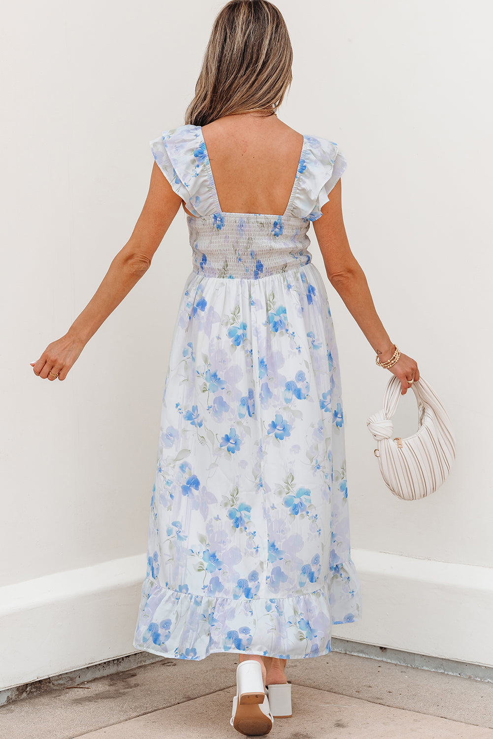 Floral Smocked High Waist Double Ruffle Dress