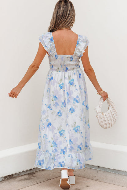 Floral Smocked High Waist Double Ruffle Dress