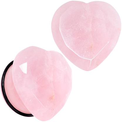Rose Flower Quartz Stone Faceted Heart Single Flare Plug Set 6mm to 25mm