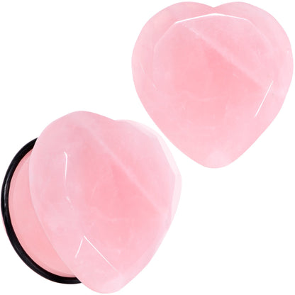 Rose Flower Quartz Stone Faceted Heart Single Flare Plug Set 6mm to 25mm