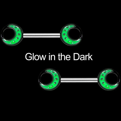 14G 9/16 Glow in the Dark Green Moon Barbell Nipple Ring Set