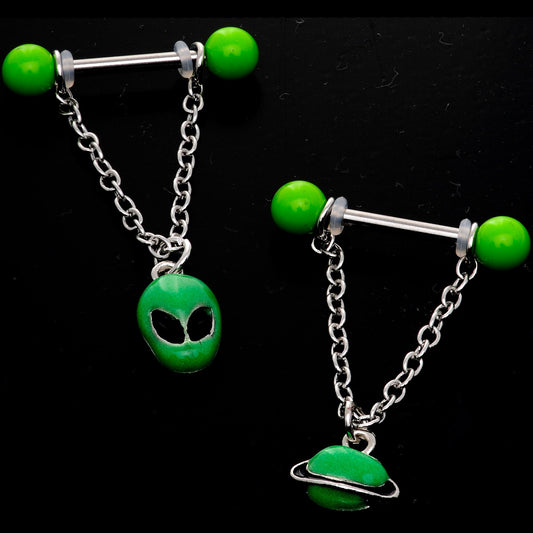 14G 9/16 Glow Alien Saturn Dangle Barbell Nipple Ring Set