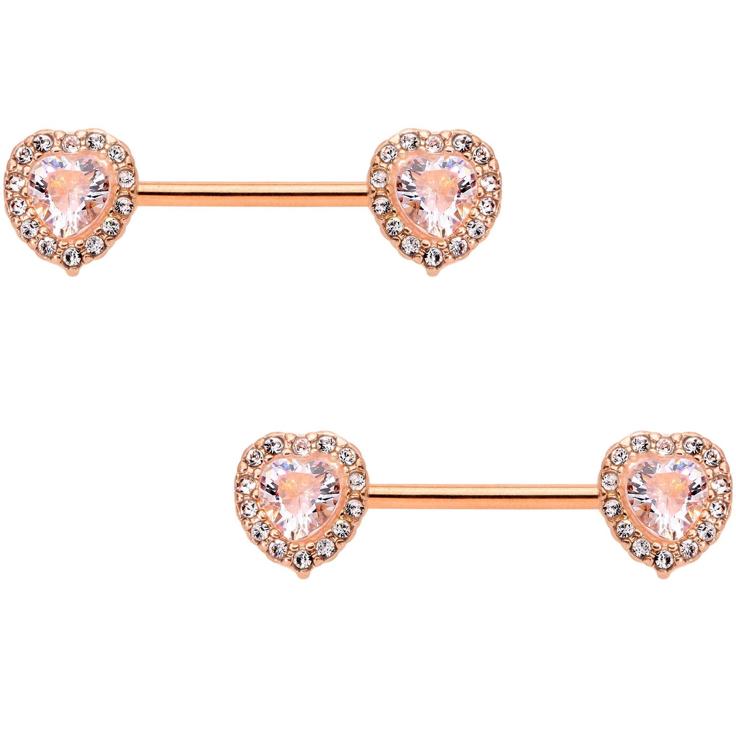 14G 9/16 Clear Gem Rose Gold Tone Heart Barbell Nipple Ring Set