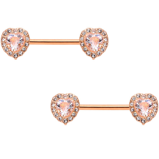 14G 9/16 Clear Gem Rose Gold Tone Heart Barbell Nipple Ring Set