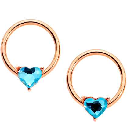 14G Aqua Gem Heart Rose Gold Tone BCR Barbell Nipple Ring Set of 4
