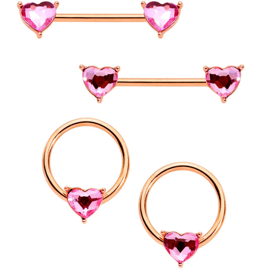 14G Pink Gem Rose Gold Tone Heart BCR Barbell Nipple Ring Set