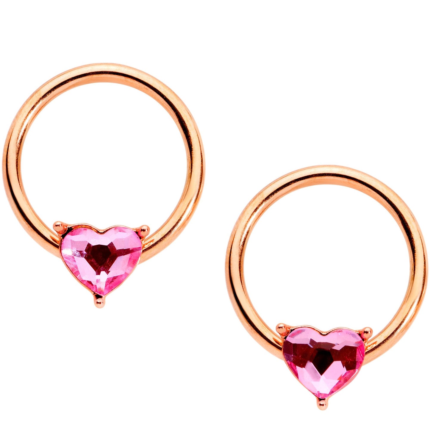 14G Pink Gem Rose Gold Tone Heart BCR Barbell Nipple Ring Set