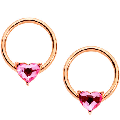 14G Pink Gem Rose Gold Tone Heart BCR Barbell Nipple Ring Set