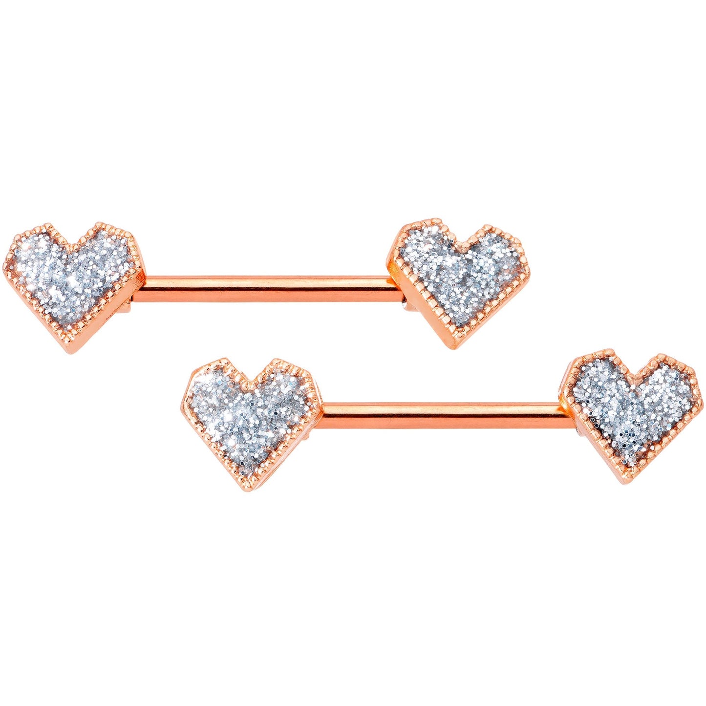 14G 9/16 Rose Gold Tone Valentine Heart Barbell Nipple Ring Set