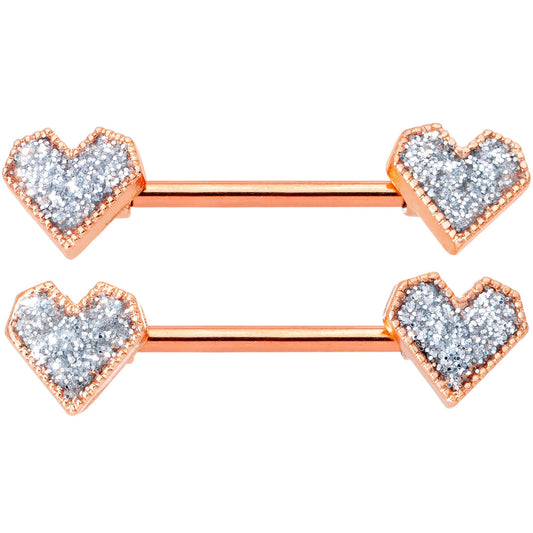 14G 9/16 Rose Gold Tone Valentine Heart Barbell Nipple Ring Set