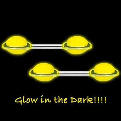 14G 9/16 Yellow Glow in the Dark Saturn Barbell Nipple Ring Set