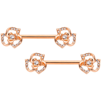 14G 9/16 Clear Gem Rose Gold Tone Flower Barbell Nipple Ring Set