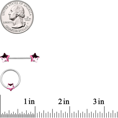 14G 9/16 1/2 Pink Star Gem BCR Barbell Nipple Ring Set