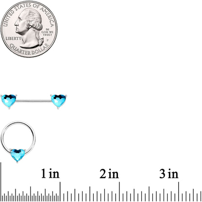 9/16 1/2 Aqua Heart Gem BCR Barbell Nipple Ring Set