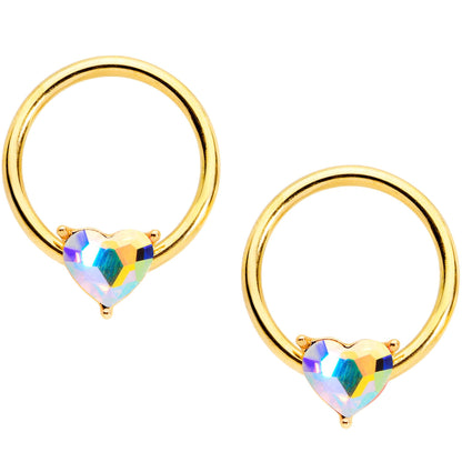 14G Aurora Heart Gem Gold Tone BCR Barbell Nipple Ring Set