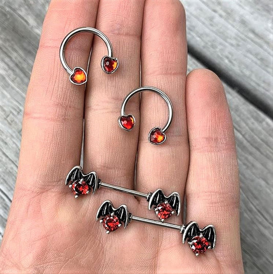 14G 9/16 Red Gem Heart Horseshoe Nipple Ring Set