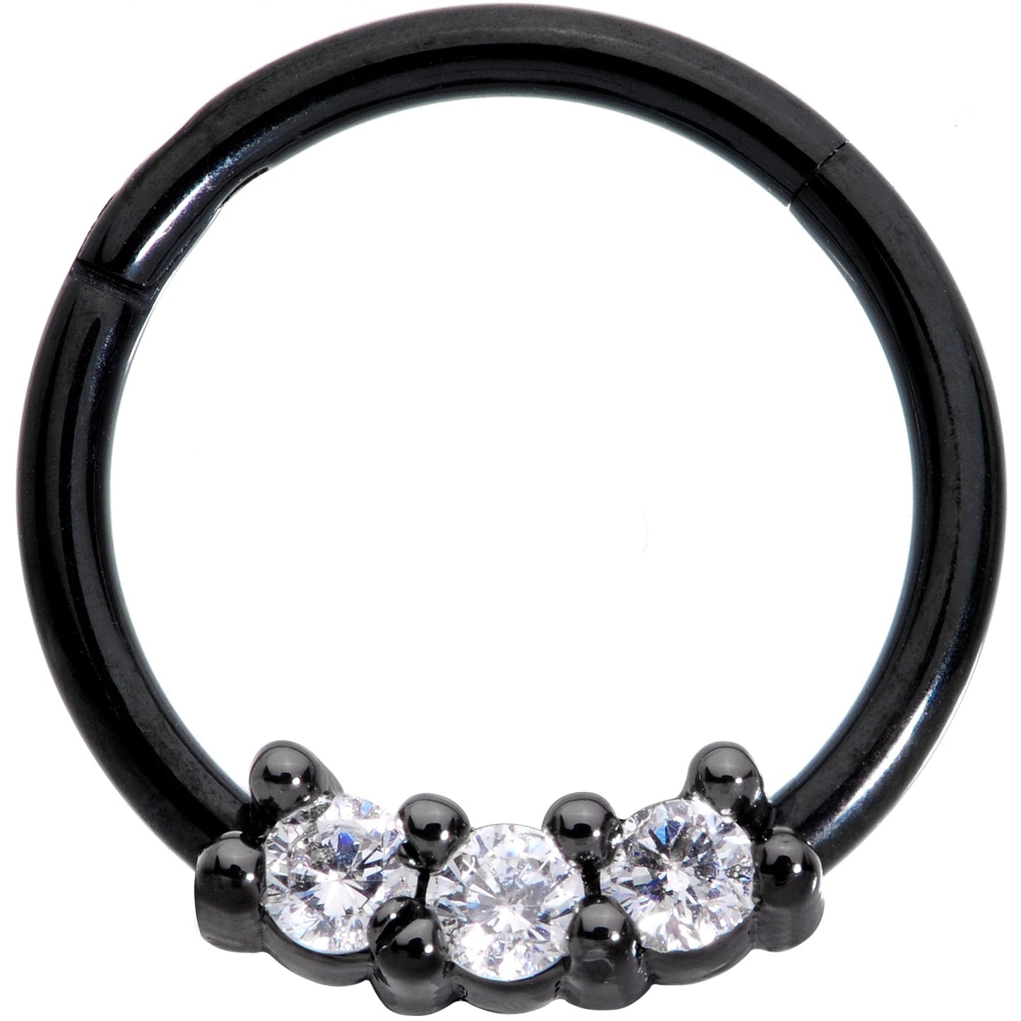 16G 3/8 Clear CZ Gem Black Trio Hinged Segment Ring