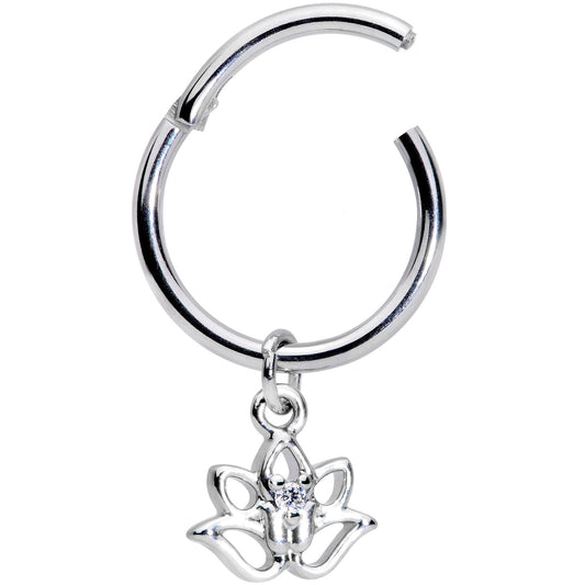 16G 3/8 Clear CZ Gem Lotus Flower Dangle Hinged Segment Ring