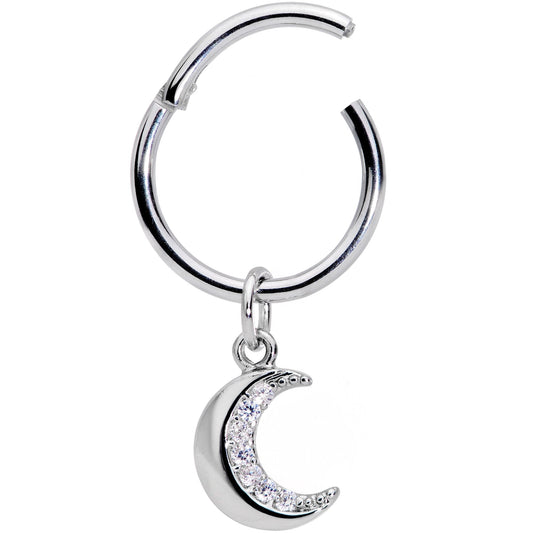 16G 3/8 Clear CZ Gem Crescent Moon Dangle Hinged Segment Ring
