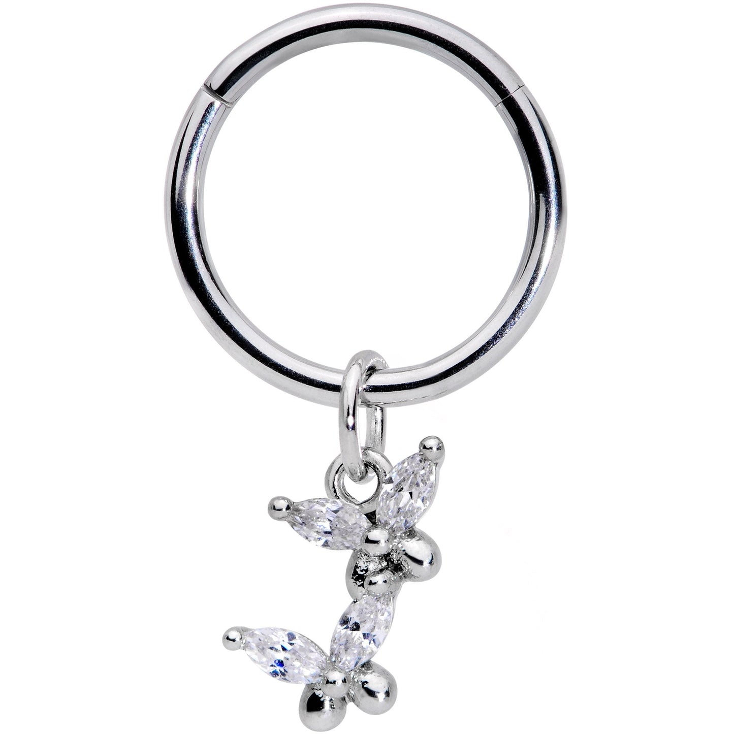 16G 3/8 Clear CZ Gem Fluttering Butterflies Hinged Segment Ring