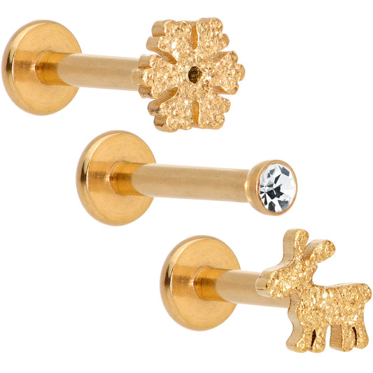 16G 5/16 Gem Gold Tone Winter Holiday Cartilage Tragus Earring Set of 3