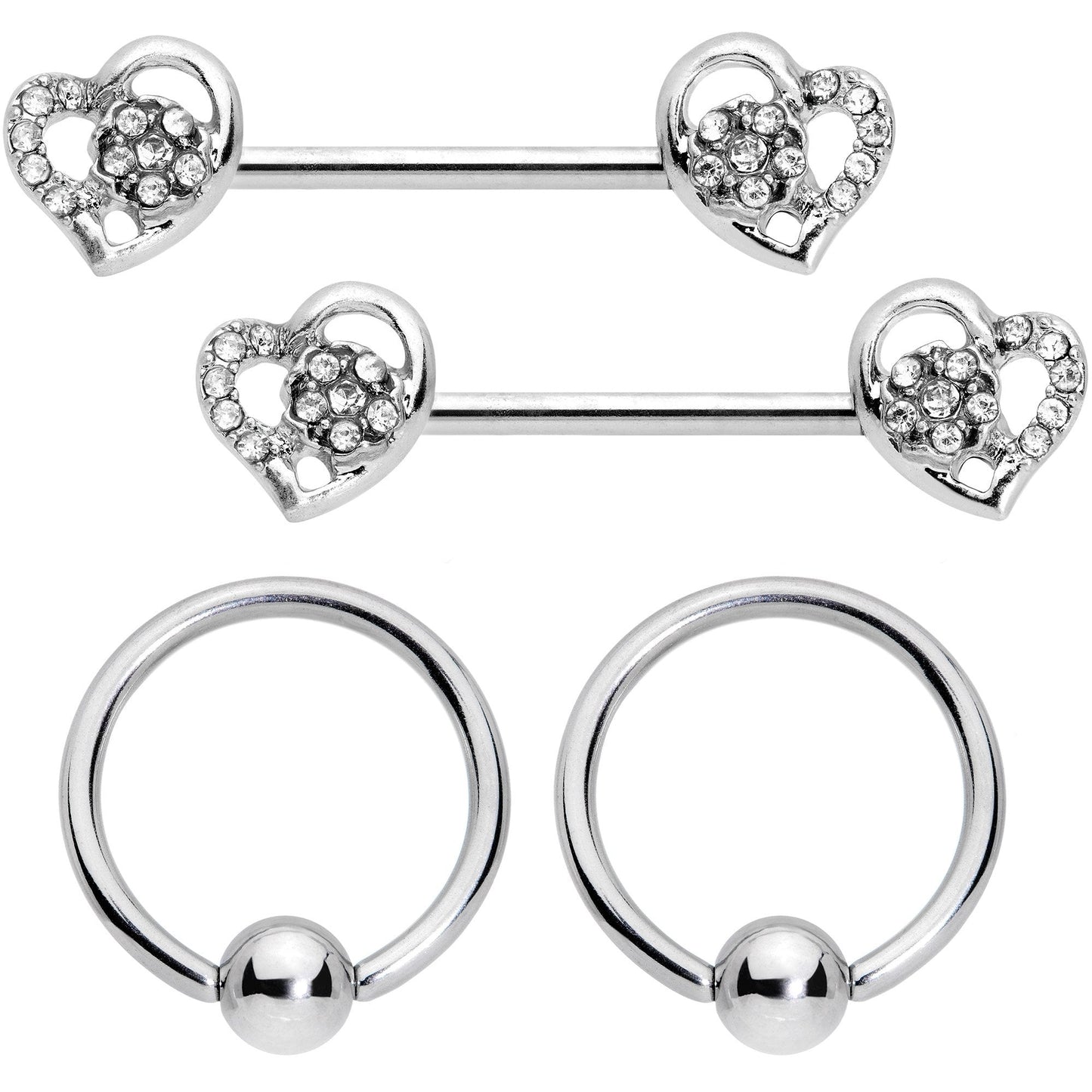 14G 9/16 5/16 Clear Gem Hearts BCR Barbell Nipple Ring Set